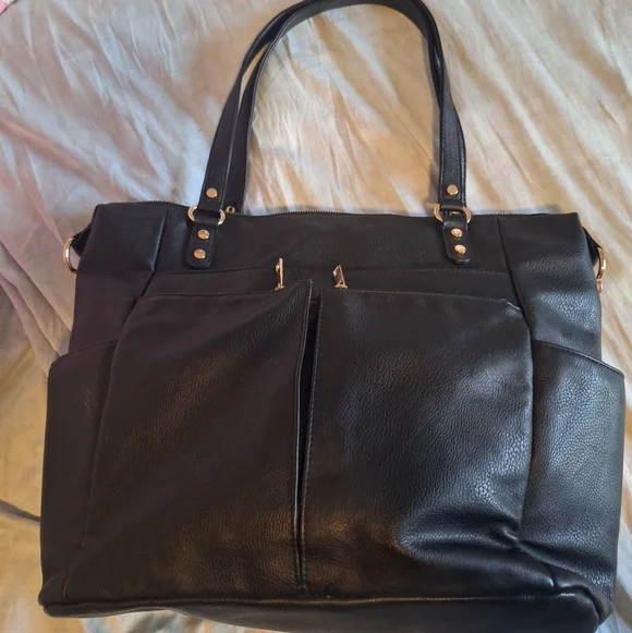 Mominside Black Leather Baby Diaper Bag Backpack, 14 Pockets & Changing Pad - Picture 3 of 16